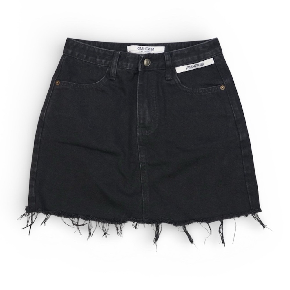 KIMHEKIM My Uniform‎ Black Denim Mini Skirt Raw Hem Cotton Women Size M